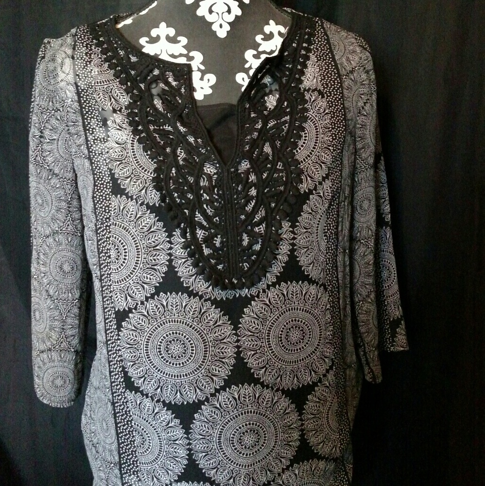 Black and White Top with Medallion Print