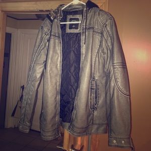 Buckle Leather Fur Jacket with Hoodie