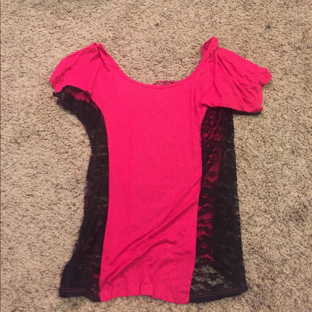 Pink shirt with black lace