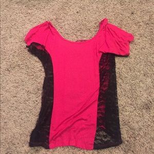Pink shirt with black lace
