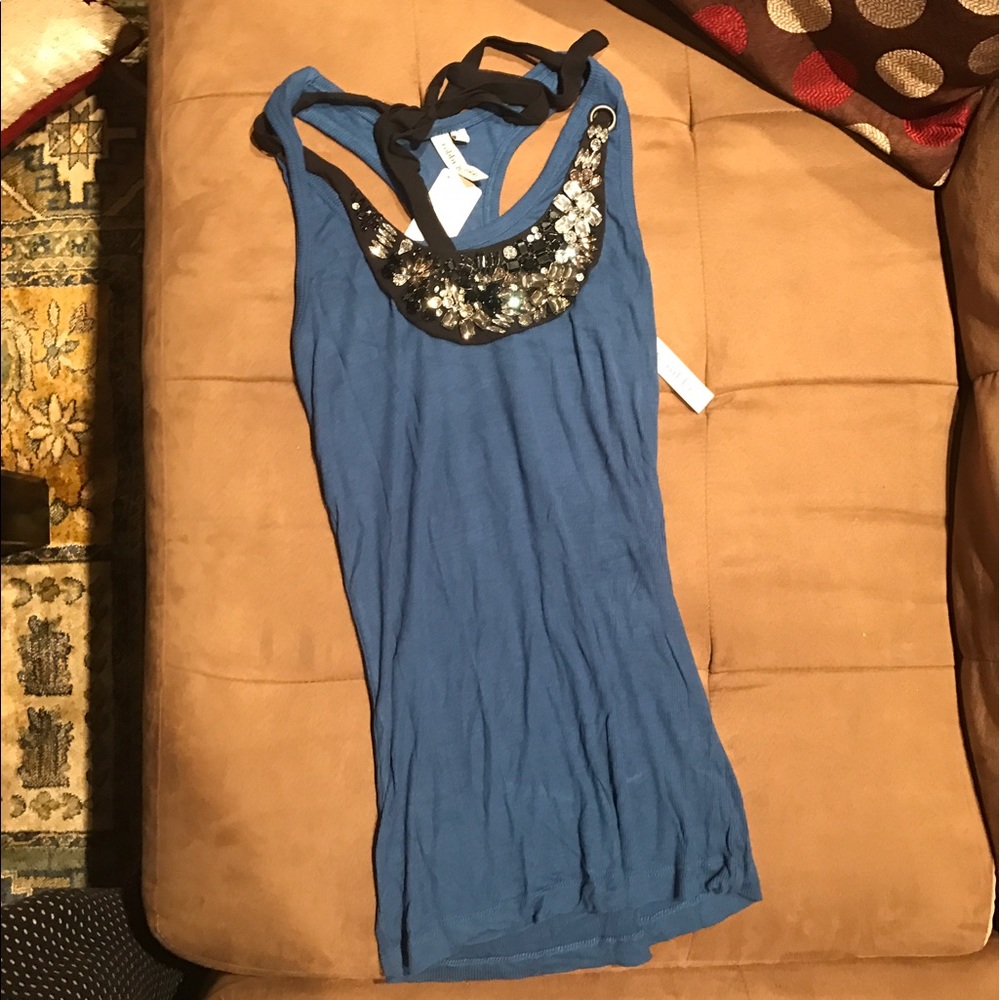 Neiman Marcus Blue tank with black bib necklace