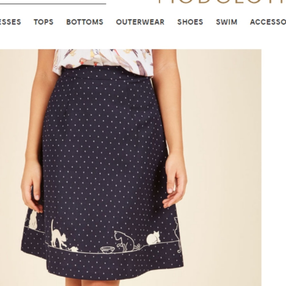 ISO Miss Patina Feline Fling skirt in blue dots.