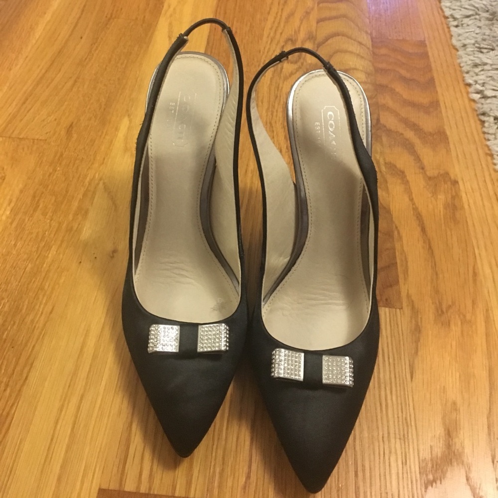 Coach black satin pump with crystal bow