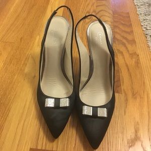 Coach black satin pump with crystal bow