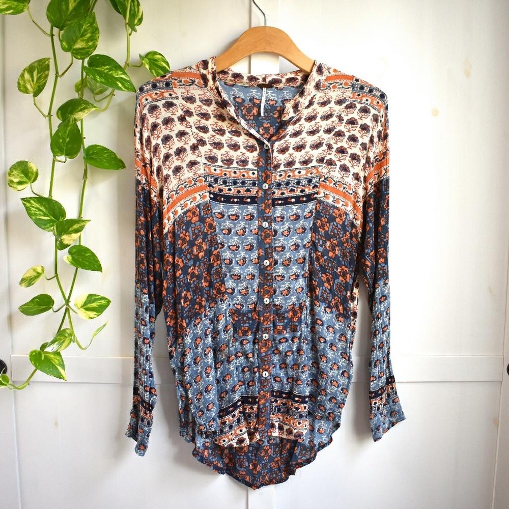 Free People Folk Art Orange Blue Button Up
