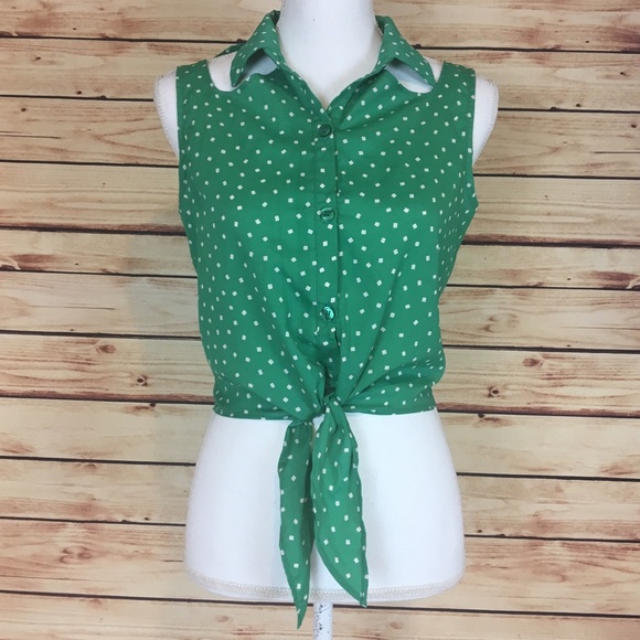 Goddess Wing Tops - Crop Top Sleeveless Tied Up Collared Green White