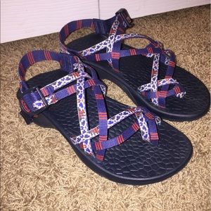 Red, white, and blue women's chacos