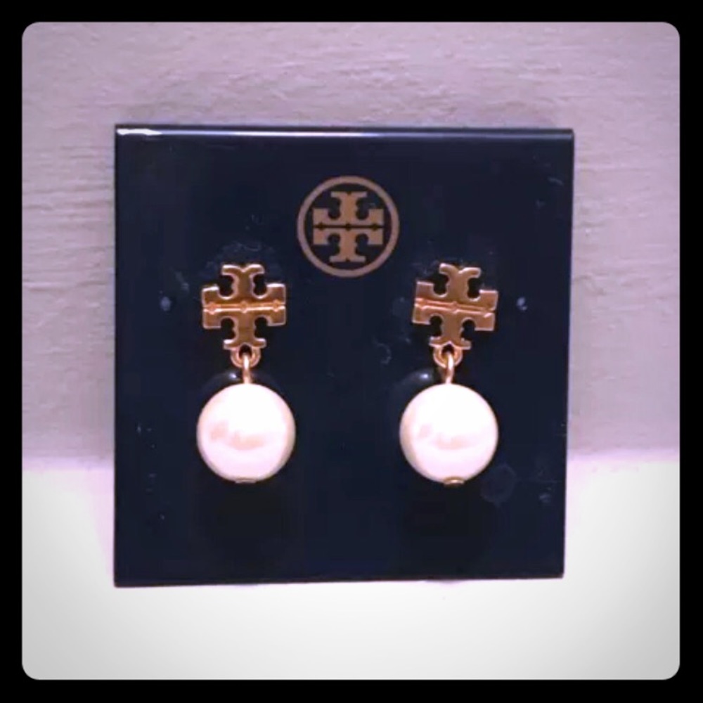 Tory Burch Logo Pearl Drop Earrings