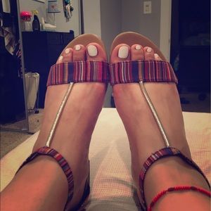 Multi color fabric with light gold sandal