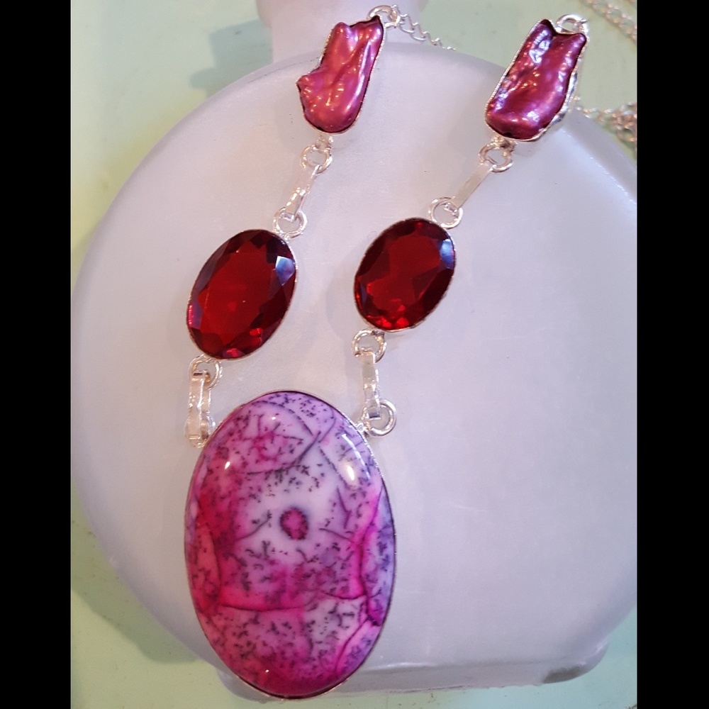 Pink Opal Pink Pearl Red Quartz silver necklace