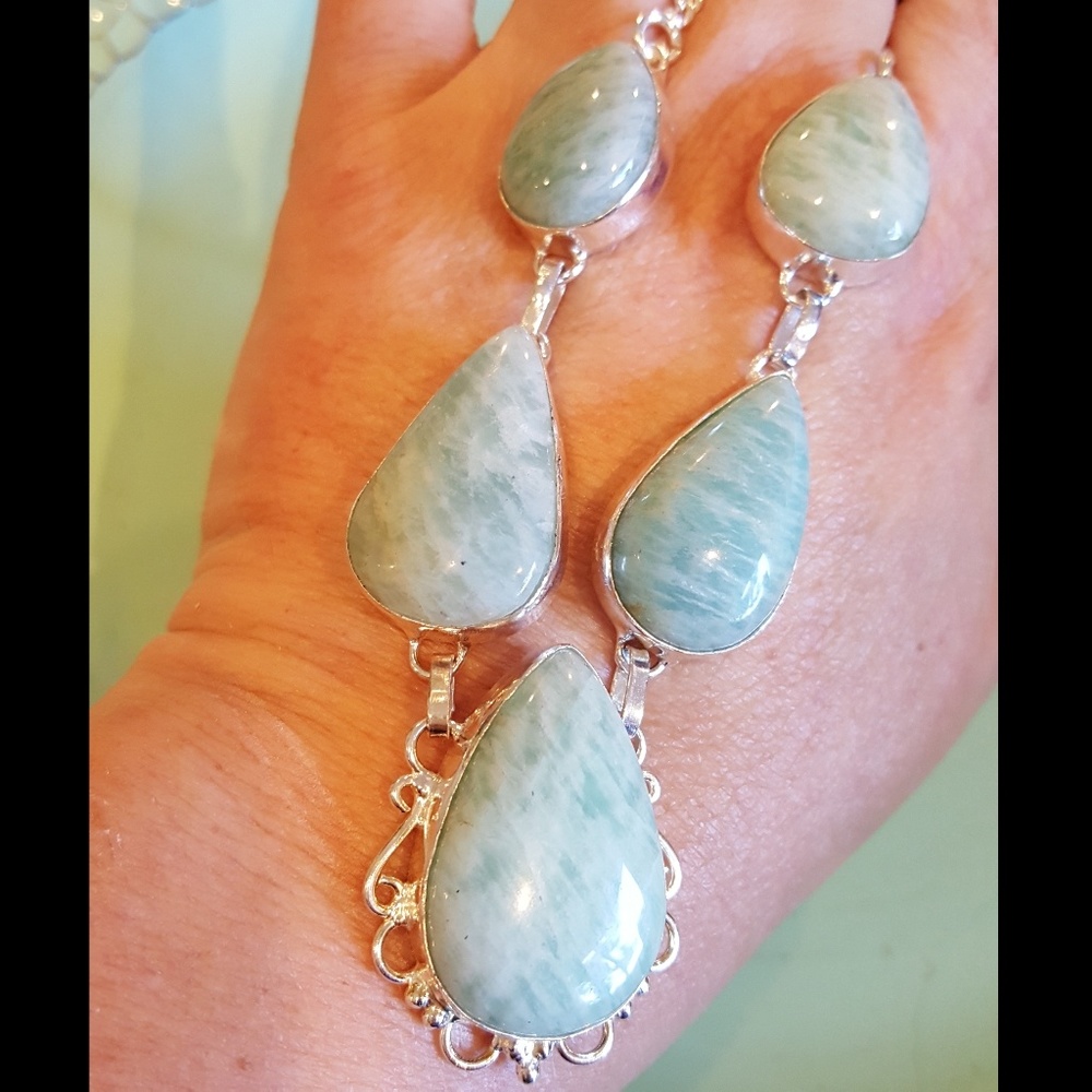Aqua blue Amazonite stones in silver link necklace