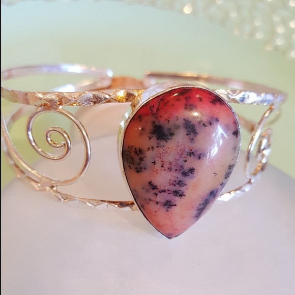 Pink Peach Black Dendritic Opal 925 cuff bracelet - Picture 3 of 4
