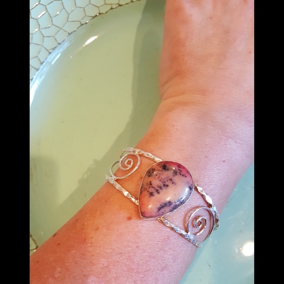 Pink Peach Black Dendritic Opal 925 cuff bracelet - Picture 4 of 4