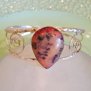 Pink Peach Black Dendritic Opal 925 cuff bracelet