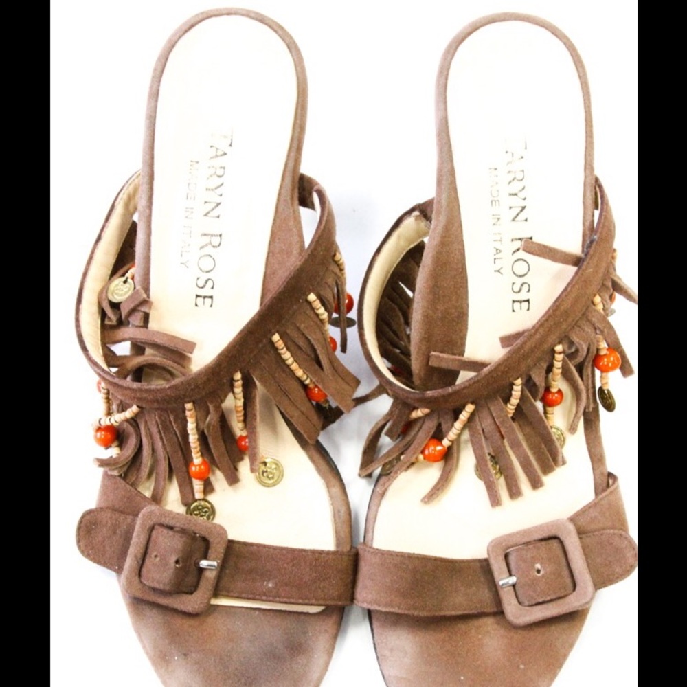 TARYN ROSE brown fringe suede sandals ITALIAN MADE