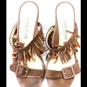 TARYN ROSE brown fringe suede sandals ITALIAN MADE
