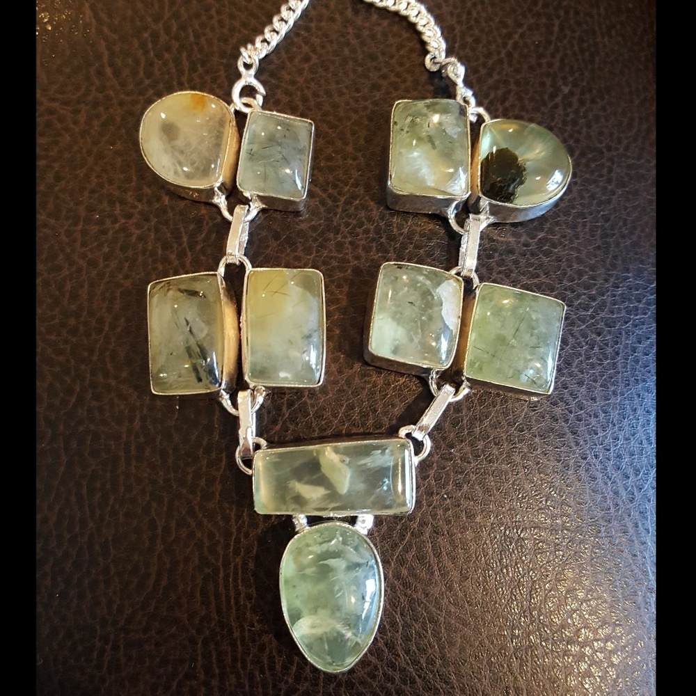 Unique sage green Natural Prehnite gemstone .925 silver link necklace