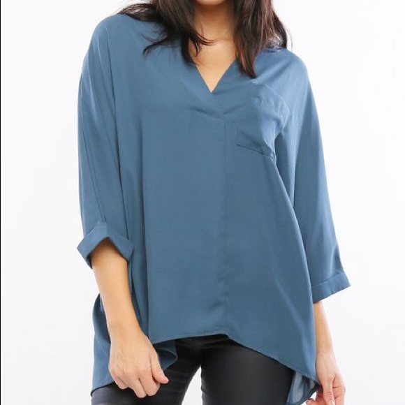 Denim Blue Hi-Low V-Neck Split Back Top - Picture 2 of 5