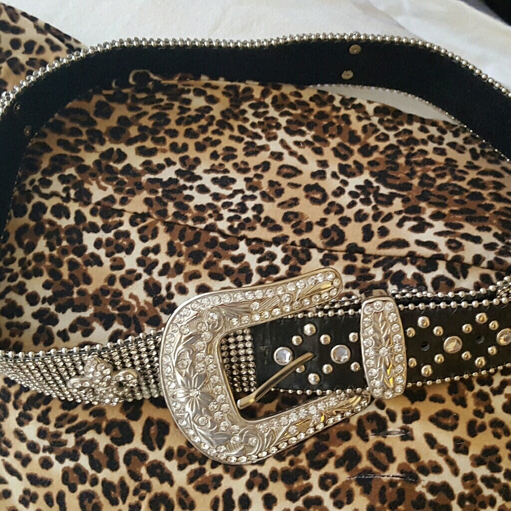 Womens rhinestone leather belt