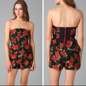 Alice + Olivia Ruffle waist Rose print romper