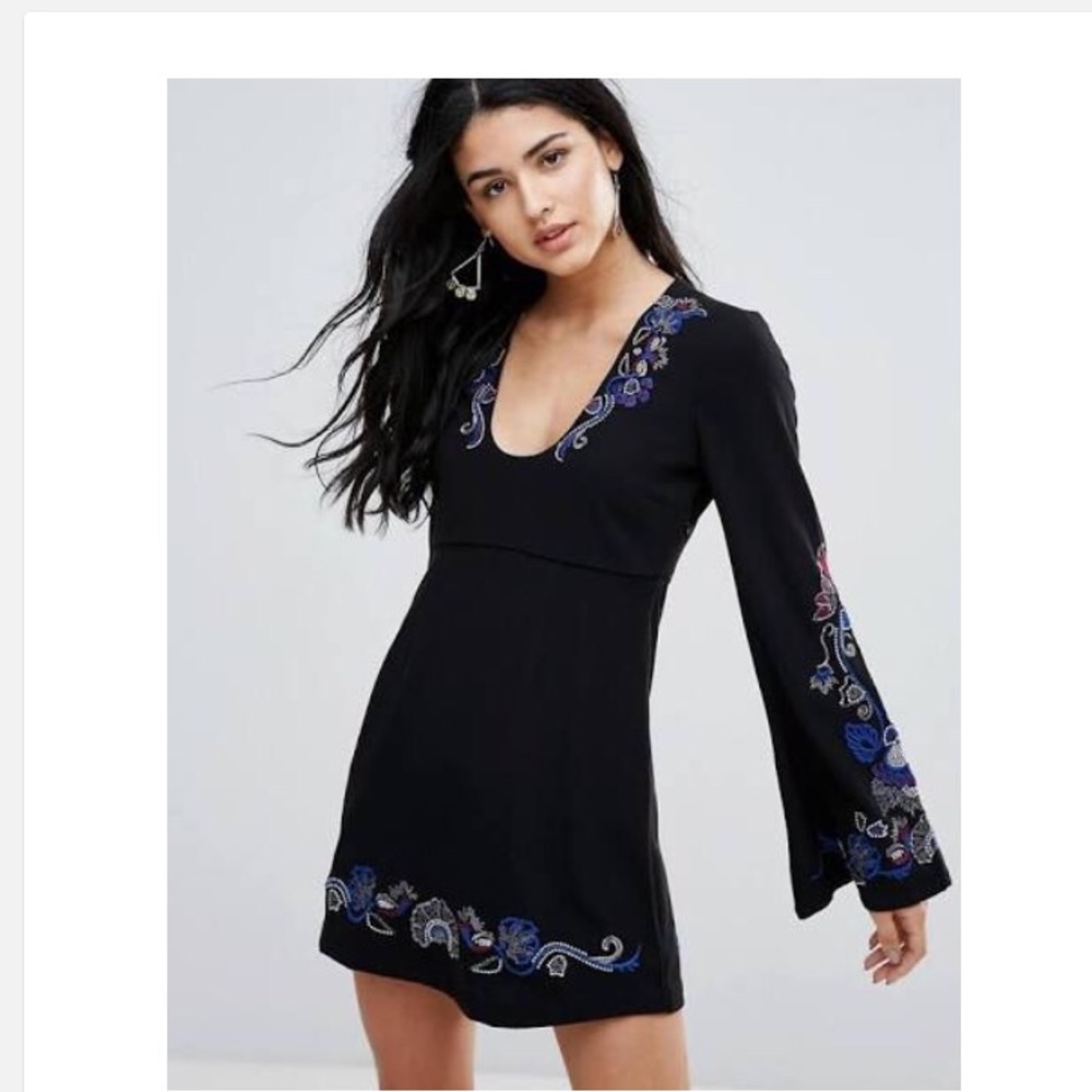 Free People folk black dress embroidered