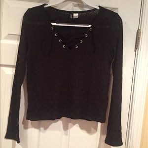 Black, long sleeve, Lace up light sweater