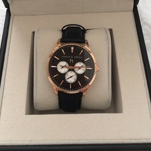 Rose gold black leather men's watch