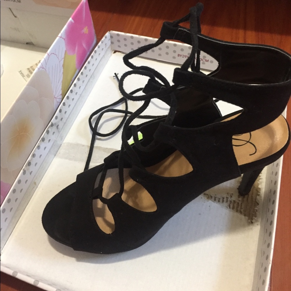 Black lace up suede heels