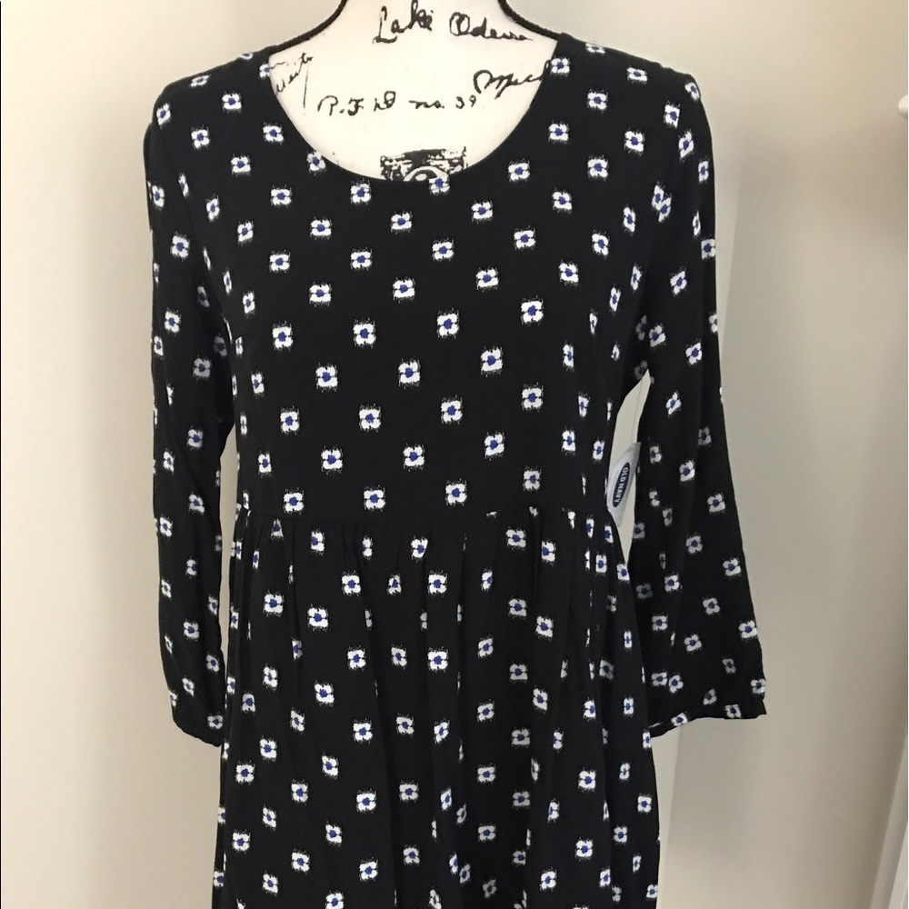 NWT black dress with white and royal blue pattern