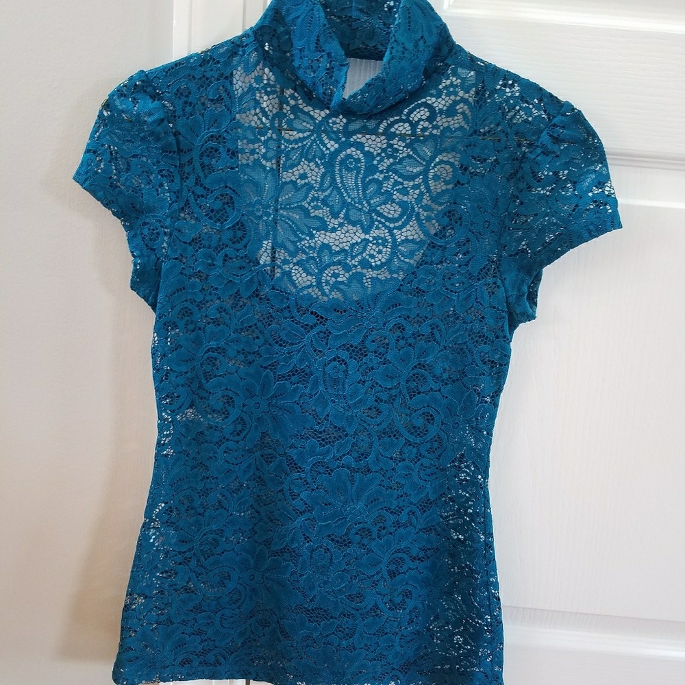 Express xs open back lace top teal