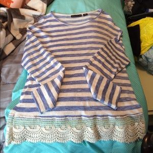 Blue and Cream Striped Lace Top