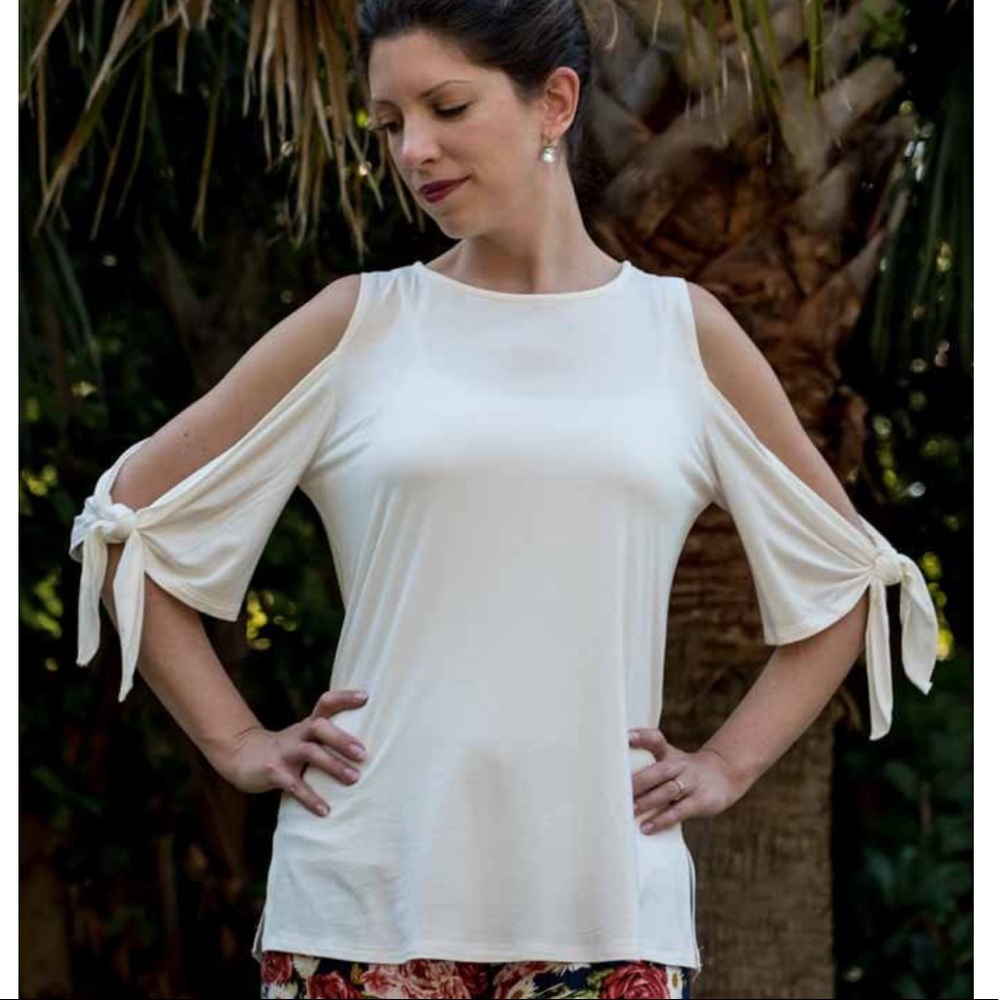 Made in the USA Cold Shoulder Pretty Tie Knot Sleeve Solid Top -Ivory White,