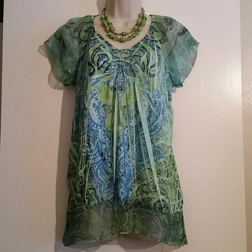 Green & Blue Top with Matching Jewelry
