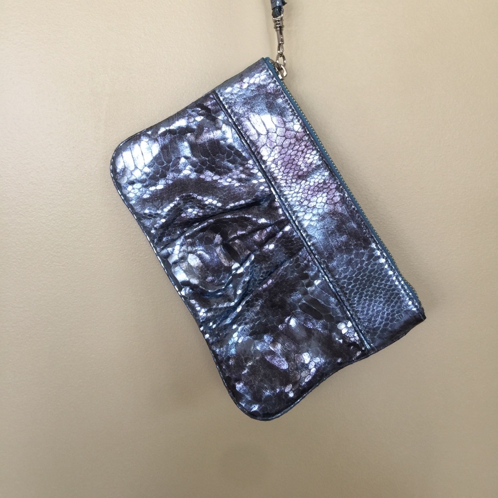 blue metallic faux snakeskin wristlet
