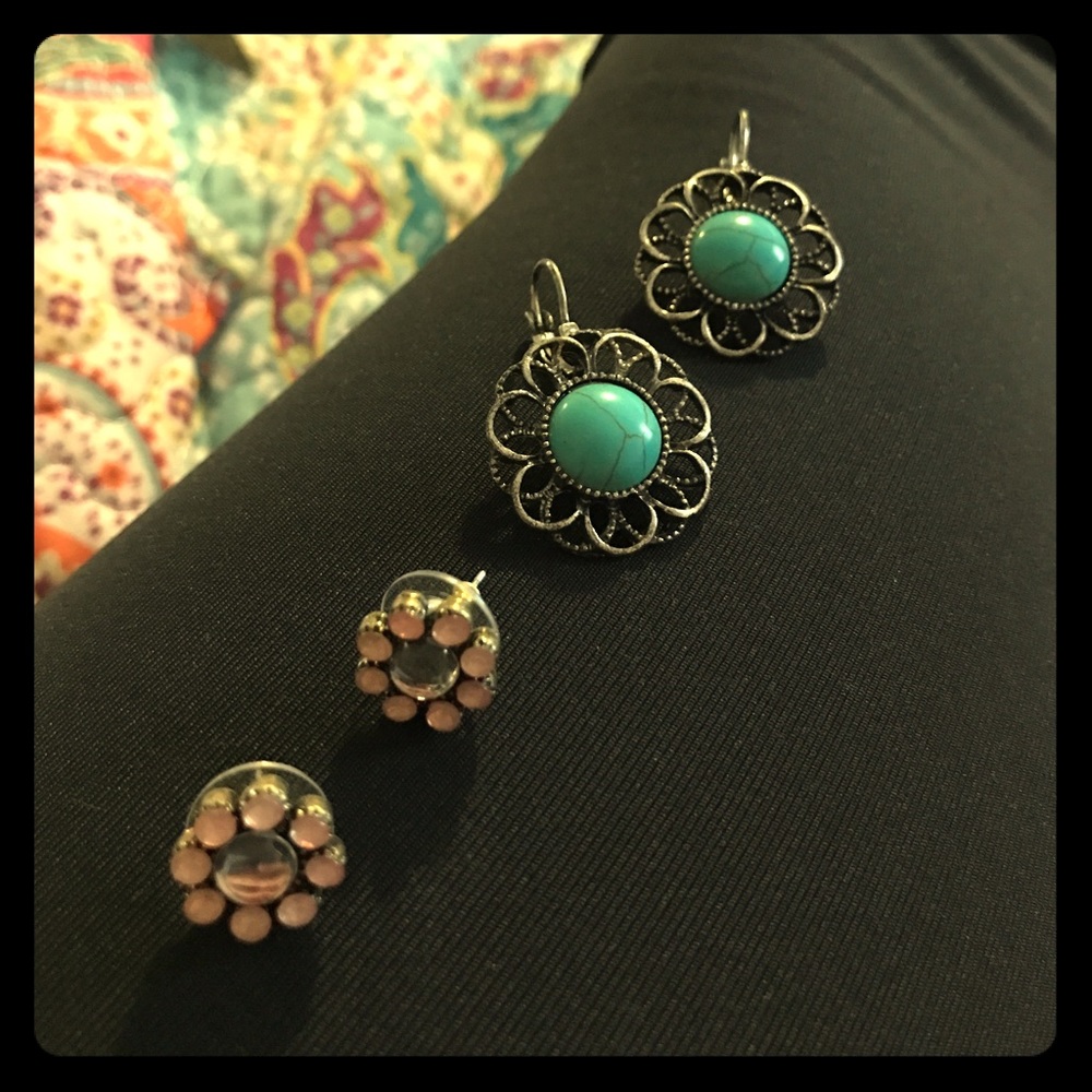 Pink/turquoise flower earring set