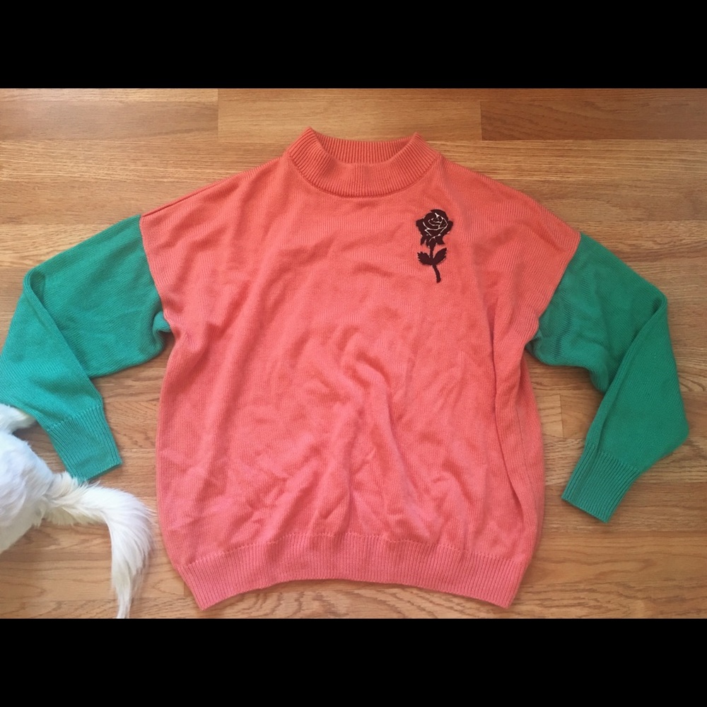 Cozy sweater with pink rose patch