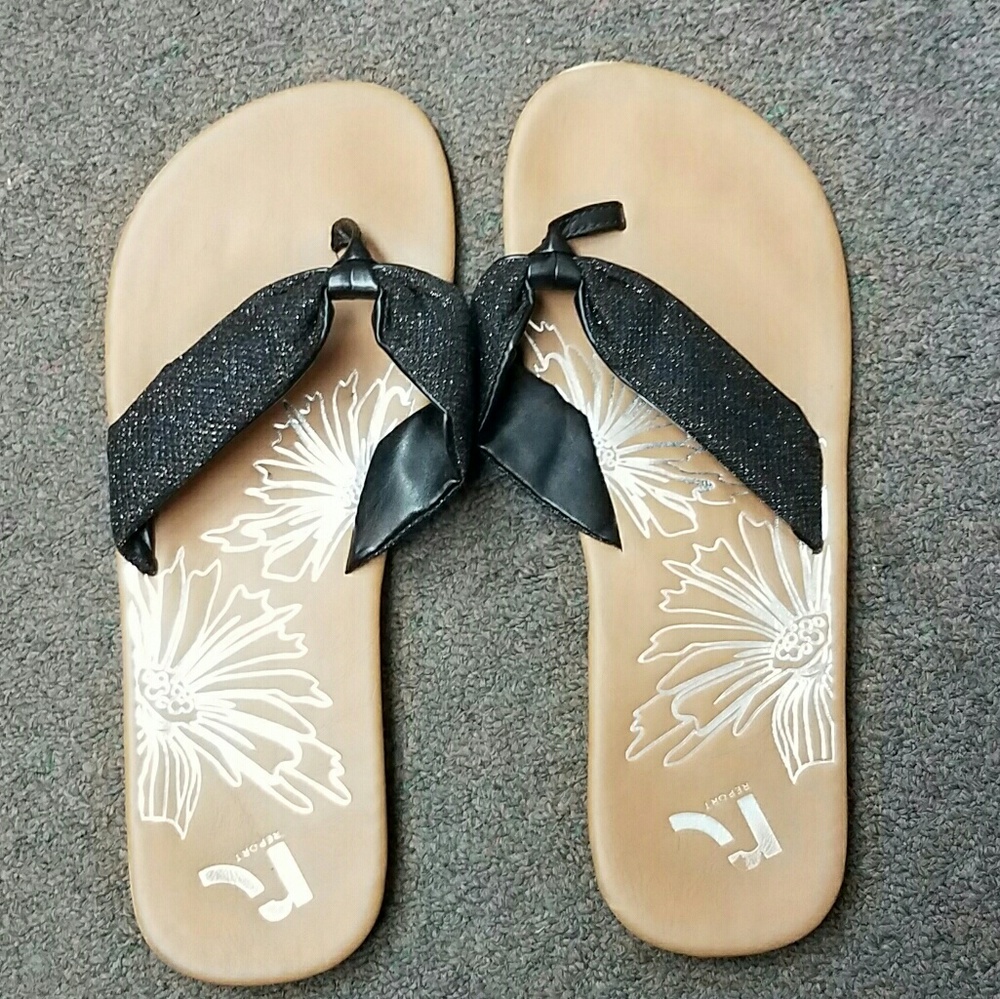 Black shimmer flip flops