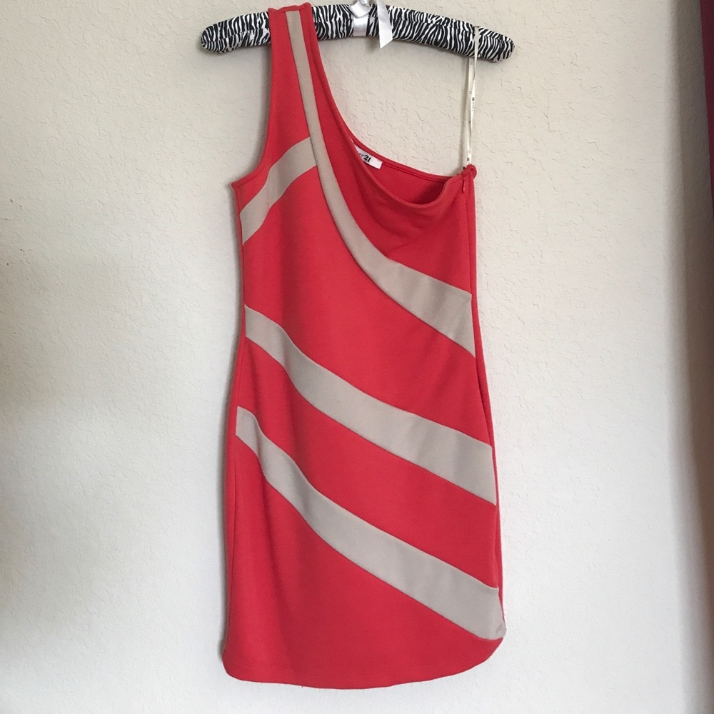 Vermillion and Tan One Shoulder Party Dress
