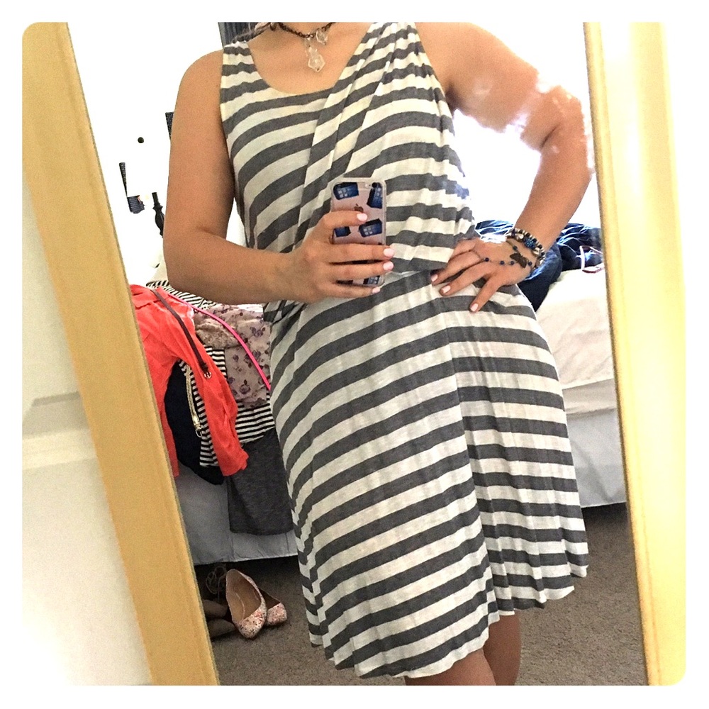 Black and off-white striped faux wrap dress
