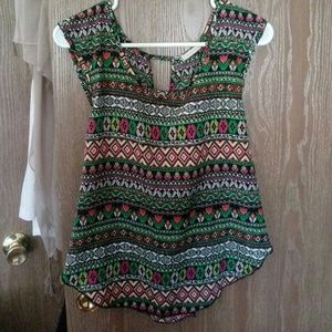 Neon tribal print tank blouse. Criss cross back.