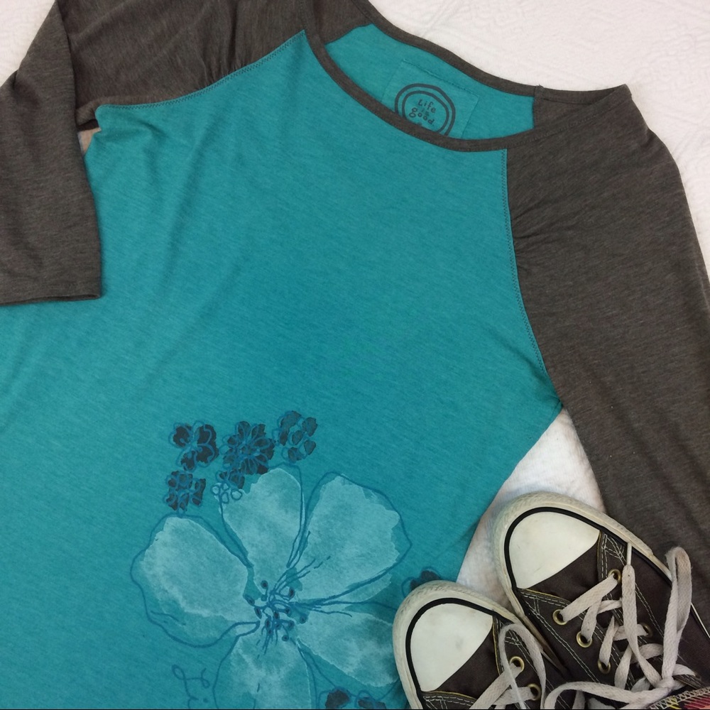 Life is Good Turquoise Grey Baseball Tee Shirt