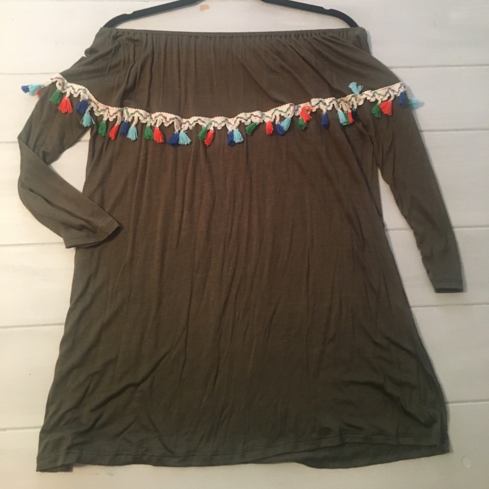 Off the shoulder olive tassel tunic