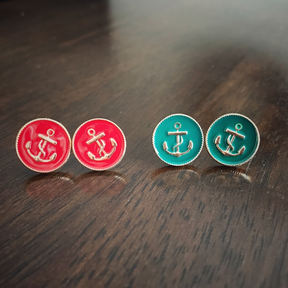 Anchor Stud Earrings (Red & Green)