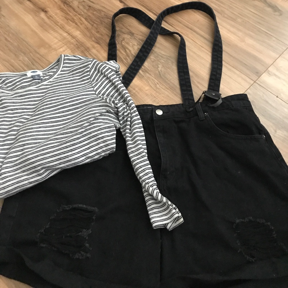 Distressed black denim shorts w/ suspenders