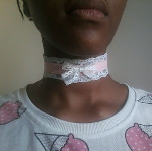 Cute Pink Lace Choker With Sheer Ribbon Bow