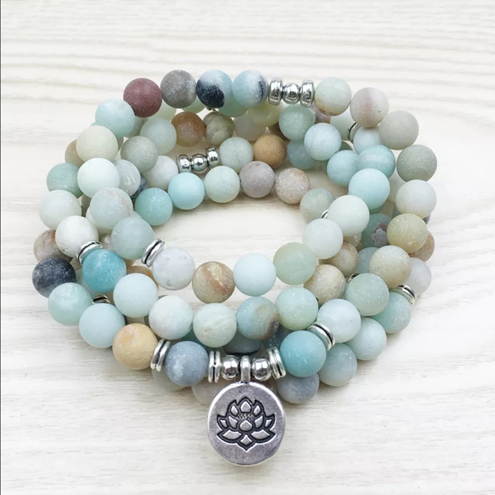 Handcrafted Amazonite Crystal Mala Teal Matte