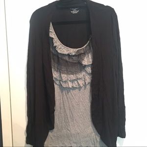 Black long sleeve open cardigan, gray ruffle shell
