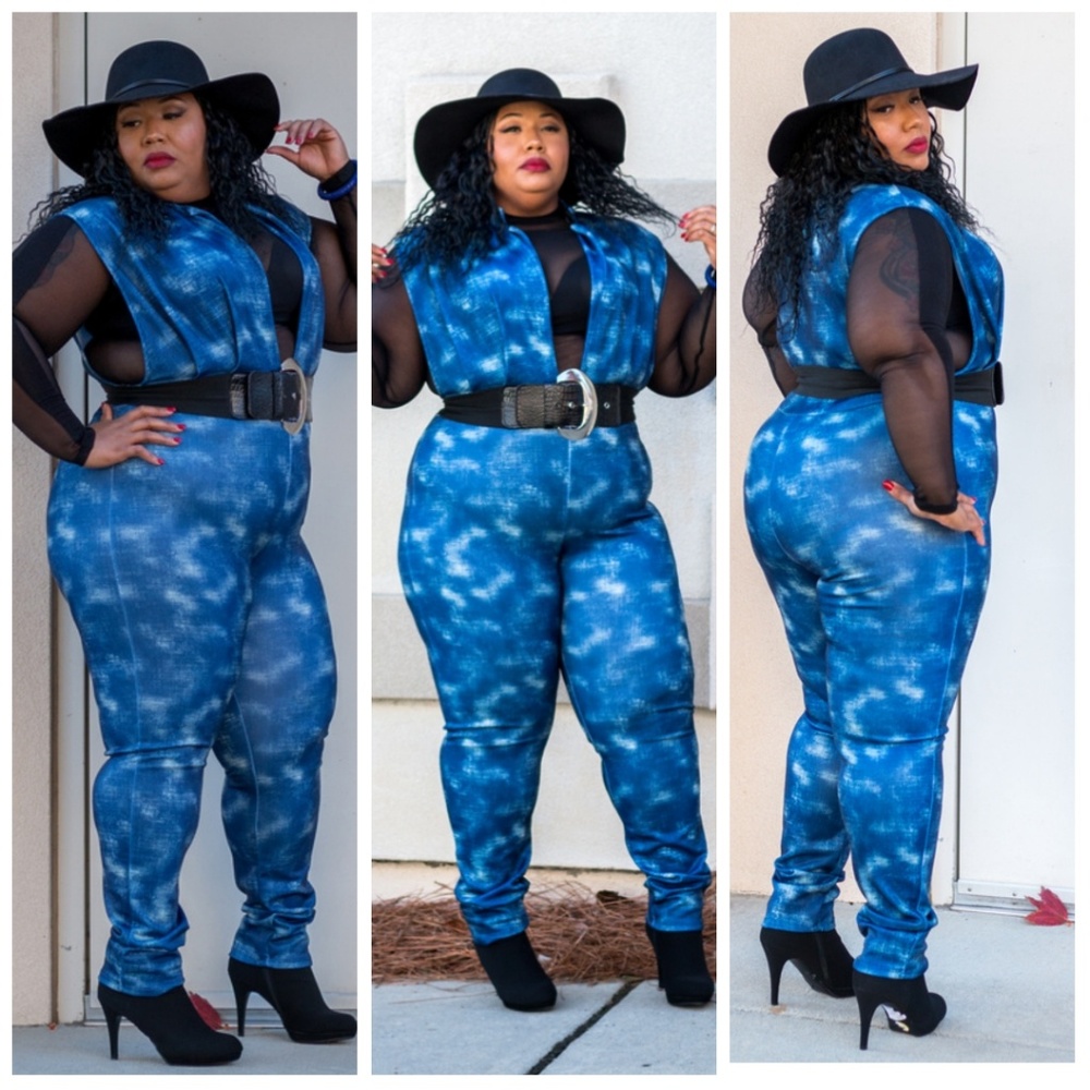 Plus size denim print jumpsuit