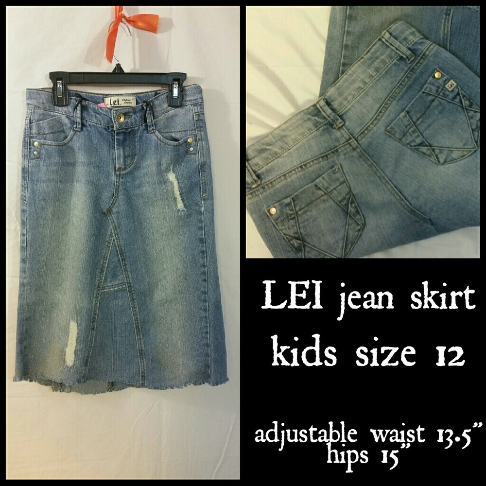 LEI jean skirt. size kids 12. Modest. No splits.