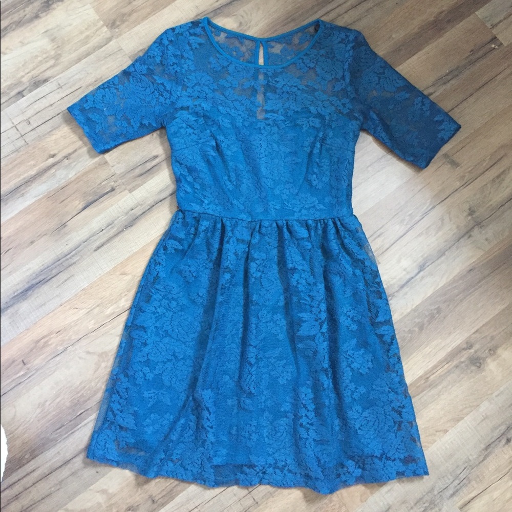 Teal lace skater a-line dress